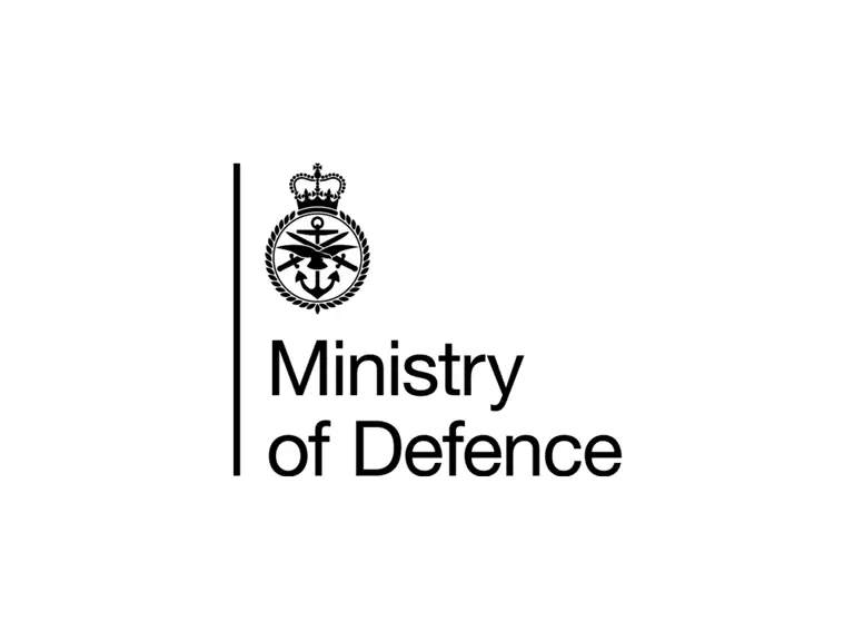 A graphic with a white background and the words Ministry of Defence. There is a Tri-Service logo above the centre justified wording.