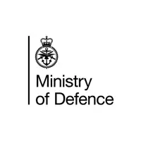 A graphic with a white background and the words Ministry of Defence. There is a Tri-Service logo above the centre justified wording.