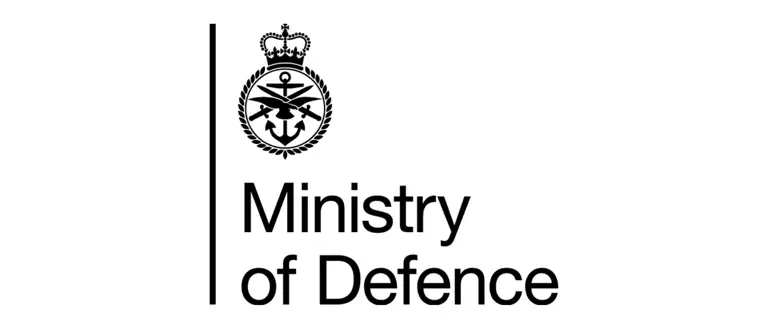 A graphic with a white background and the words Ministry of Defence. There is a Tri-Service logo above the centre justified wording.