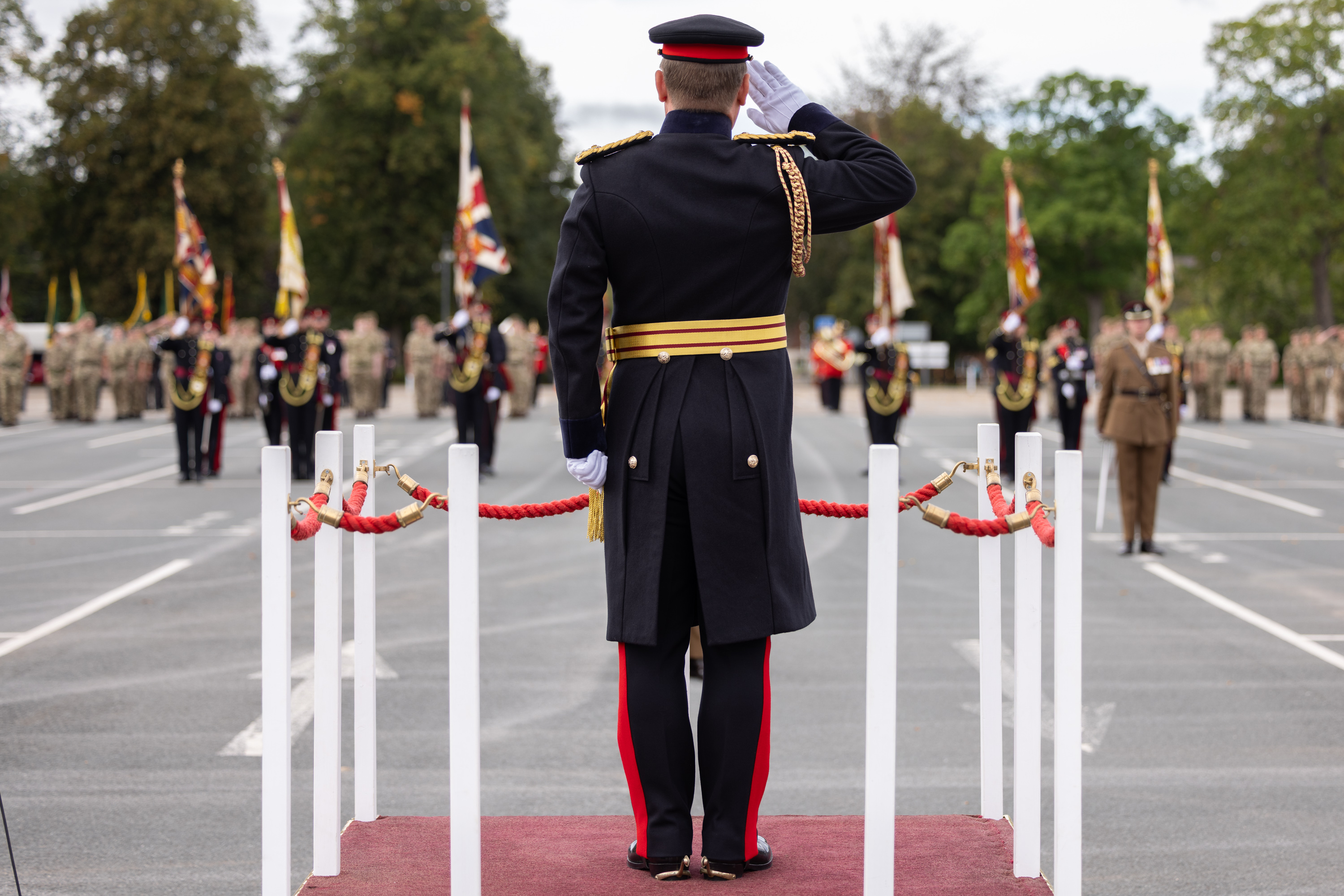 A person in a formal military uniform stands on a platform, saluting a group of soldiers holding flags. The soldiers are arranged in formation across an open area. The scene is framed by trees in the background.
