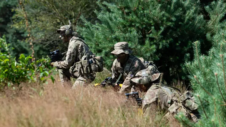 Three individuals in camouflage uniforms crouch among tall grasses and trees, holding rifles and wearing helmets with goggles. The setting appears to be a forested area.