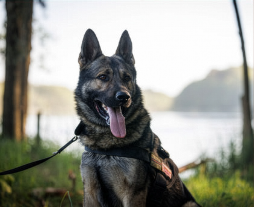A military working dog at the sit looking into the camera