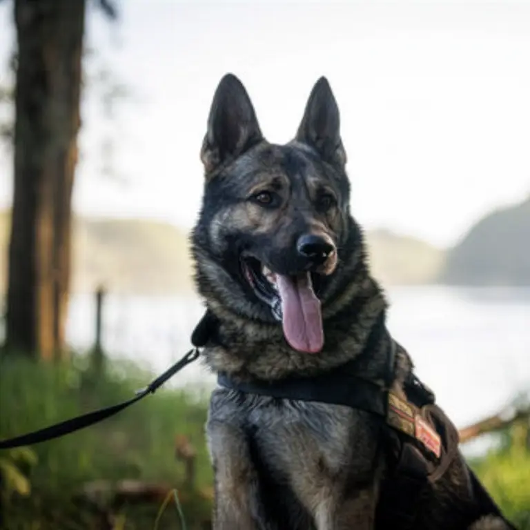 A military working dog at the sit looking into the camera