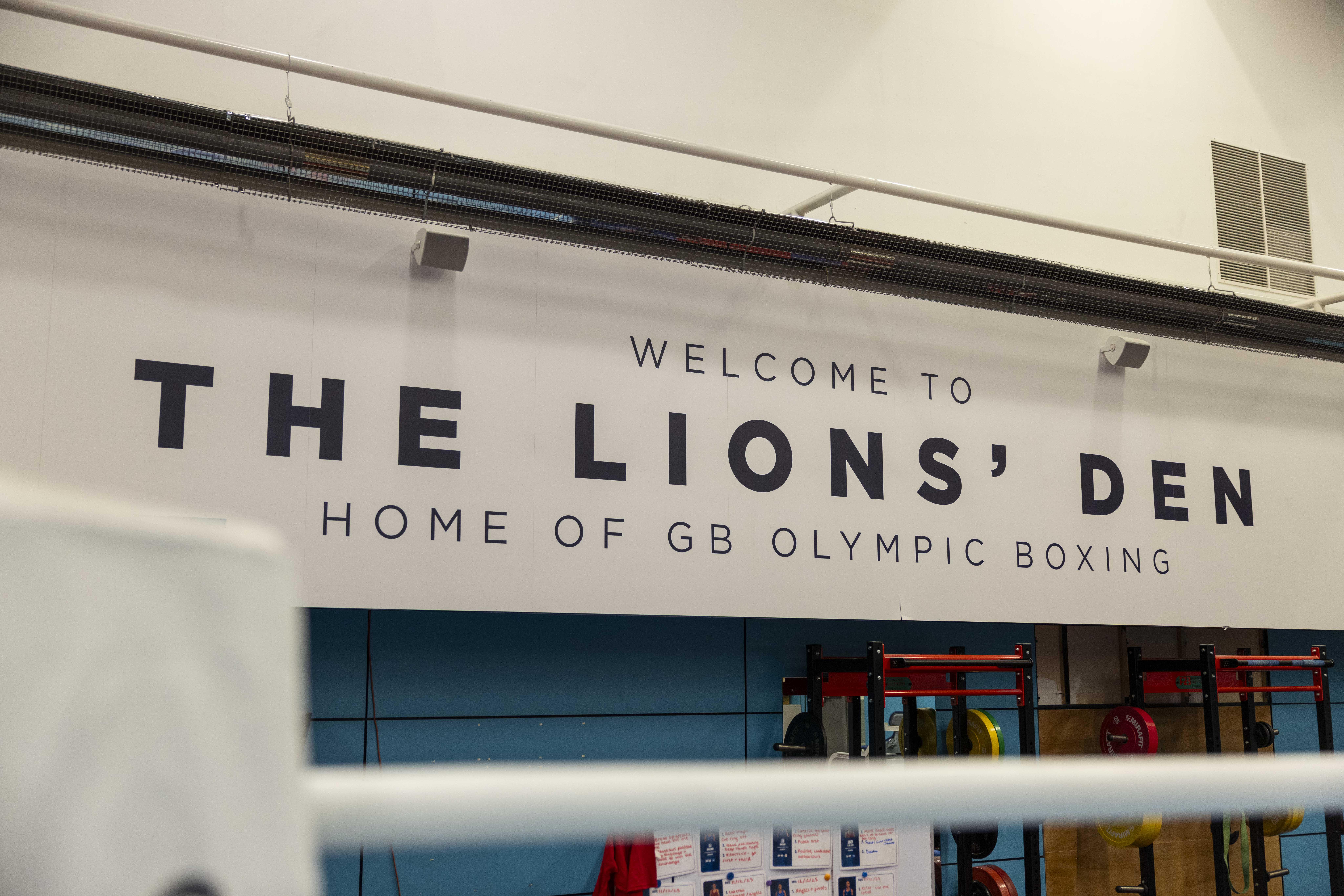 A sign reads: welcome to the Lion's Den home of GB Olympic boxing.