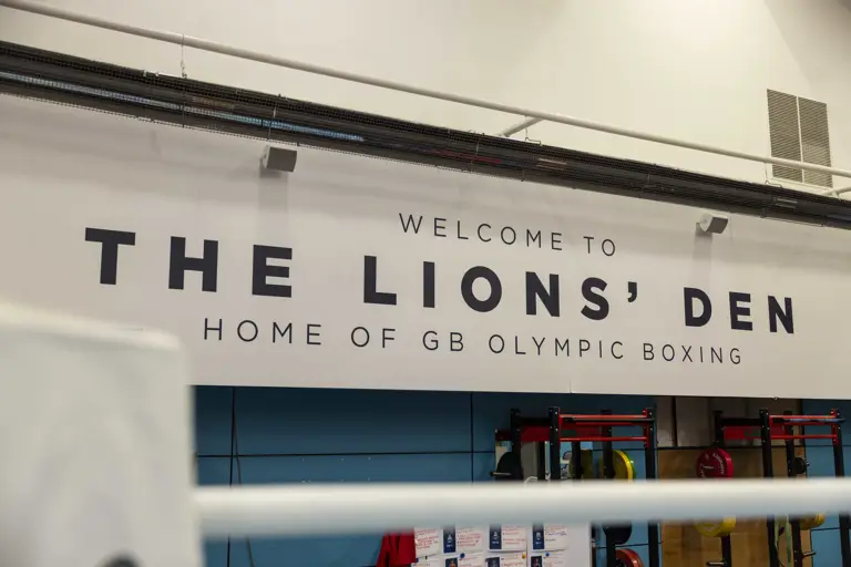 A sign reads: welcome to the Lion's Den home of GB Olympic boxing.