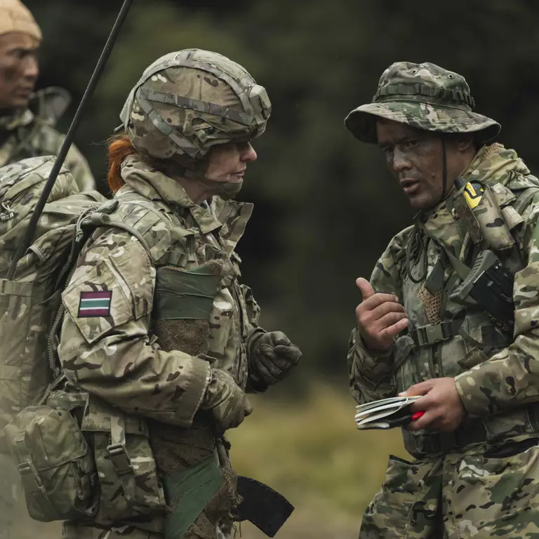 Three soldiers in camouflage uniforms are engaged in discussion in an outdoor setting. Two are standing close together.