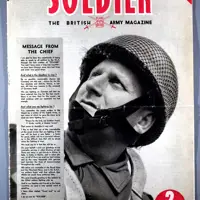Soldier magazine cover from 1945, shows a black and white photo of a soldier wearing a helmet. The title 'soldier' is the only colour in bright read text.