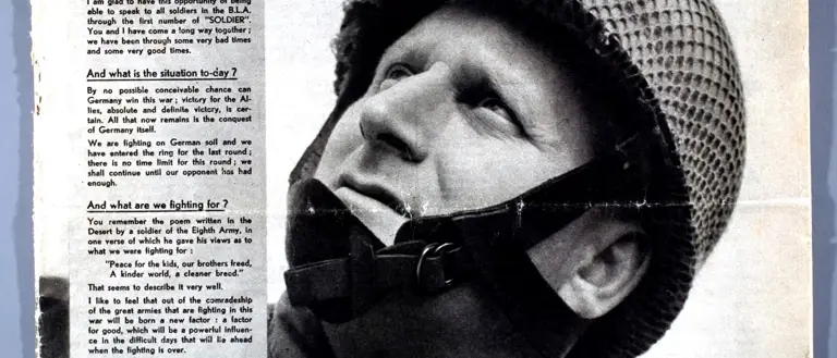 Soldier magazine cover from 1945, shows a black and white photo of a soldier wearing a helmet. The title 'soldier' is the only colour in bright read text.