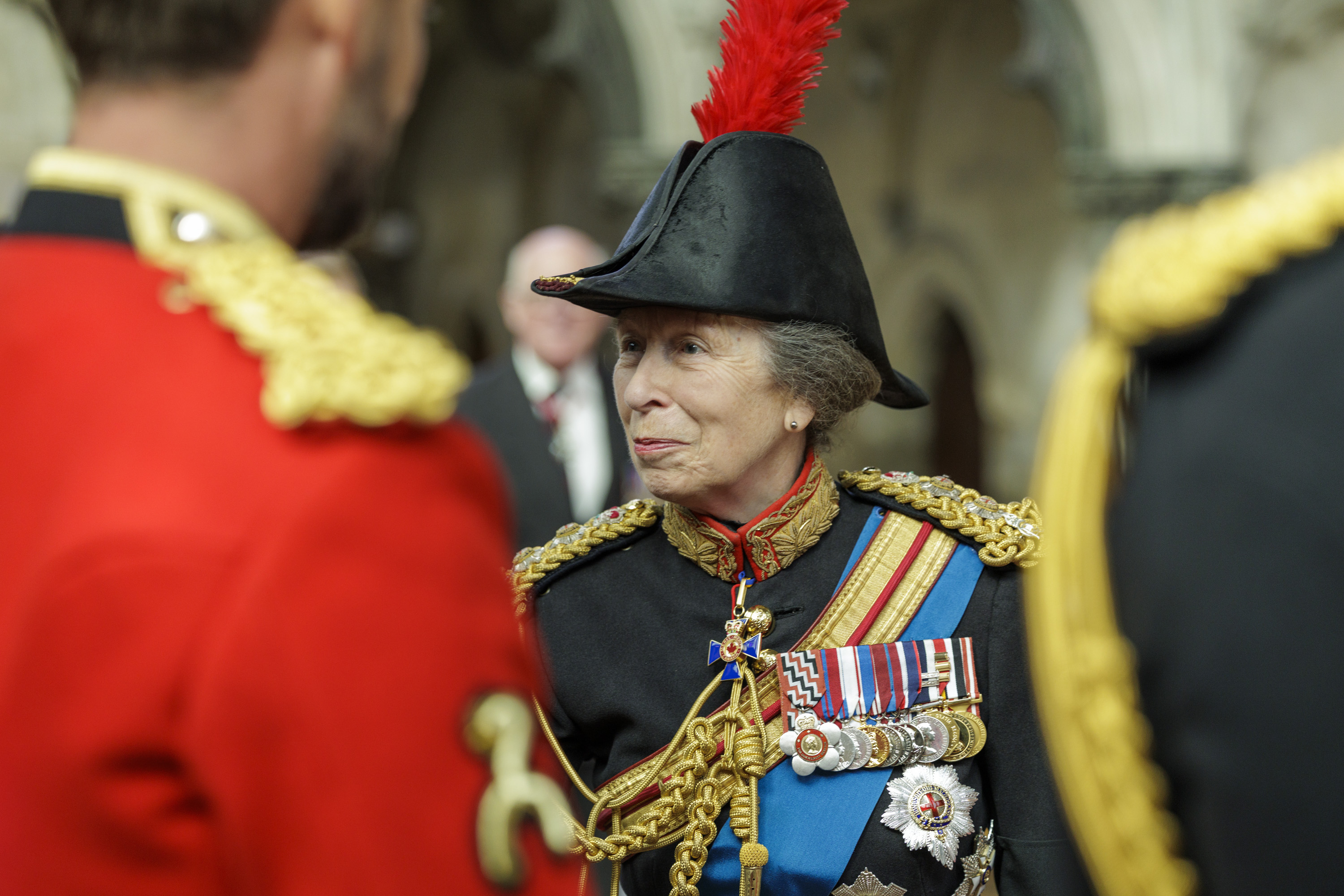 Her Royal Highness The Princess Royal wears black military ceremonial uniform while talking to members of the Army.