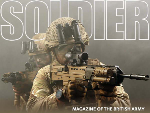 Two British soldiers in camouflage gear aiming rifles with scopes, set against a smoky background.