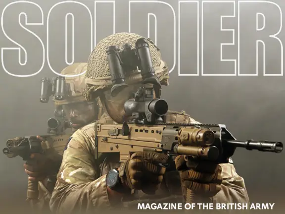 Two British soldiers in camouflage gear aiming rifles with scopes, set against a smoky background.