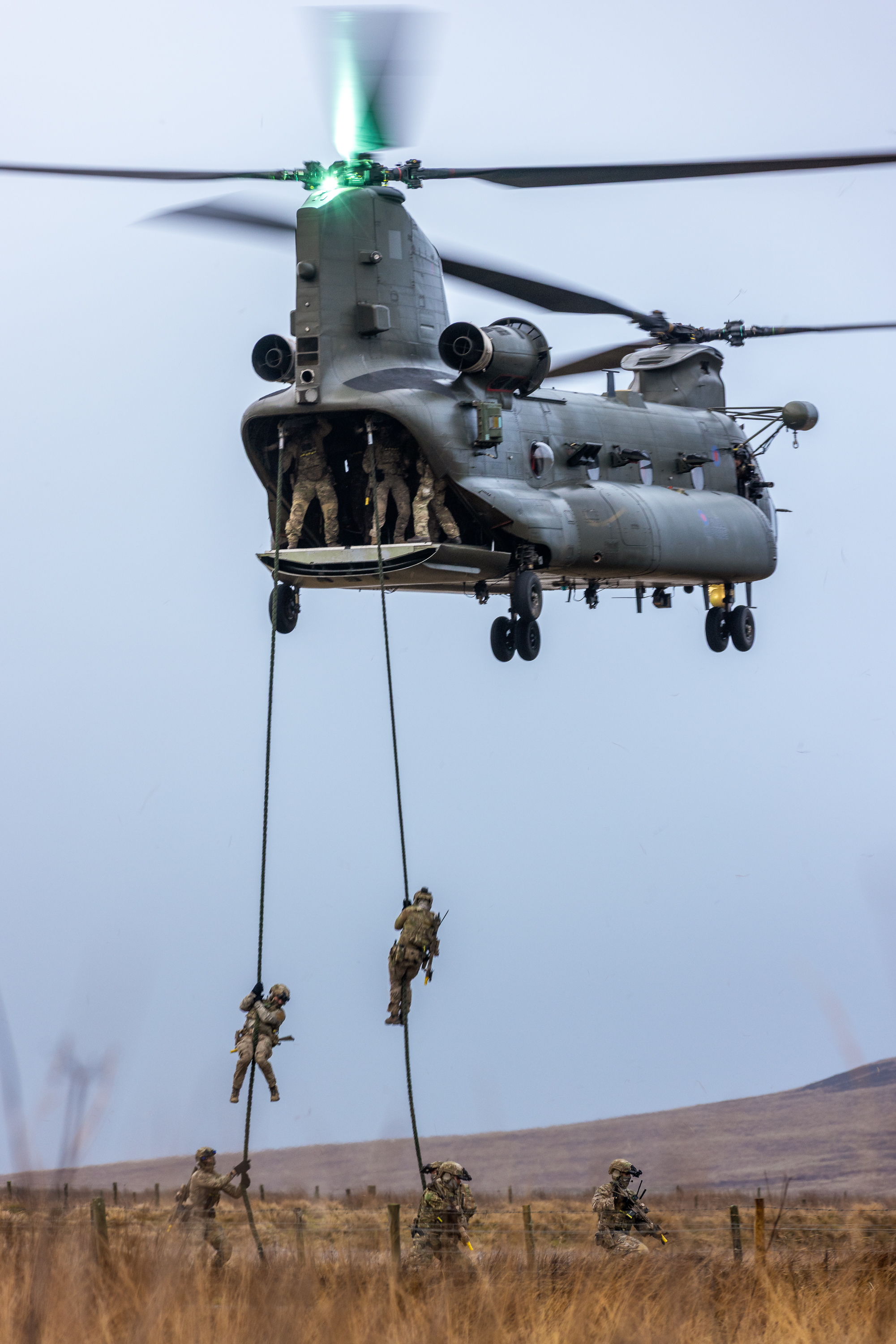 Military personnel rappelling from a hovering Chinook helicopter over a grassy field during a training exercise.