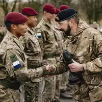 A signaller from the winning team of 216 (Para) Signals Squadron is awarded a trophy on the parade square.