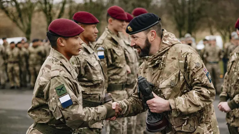 A signaller from the winning team of 216 (Para) Signals Squadron is awarded a trophy on the parade square.