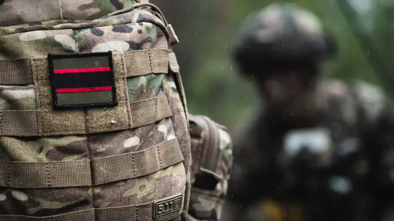 The rifles flash shown on a camouflage colour back pack bag. The flash is olive green, red and black horizontal stripes in a rectangle shape.