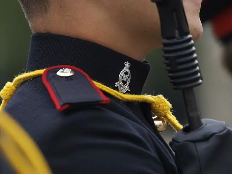 A close-up of a person in a formal uniform features a badge with intricate design details on the collar.