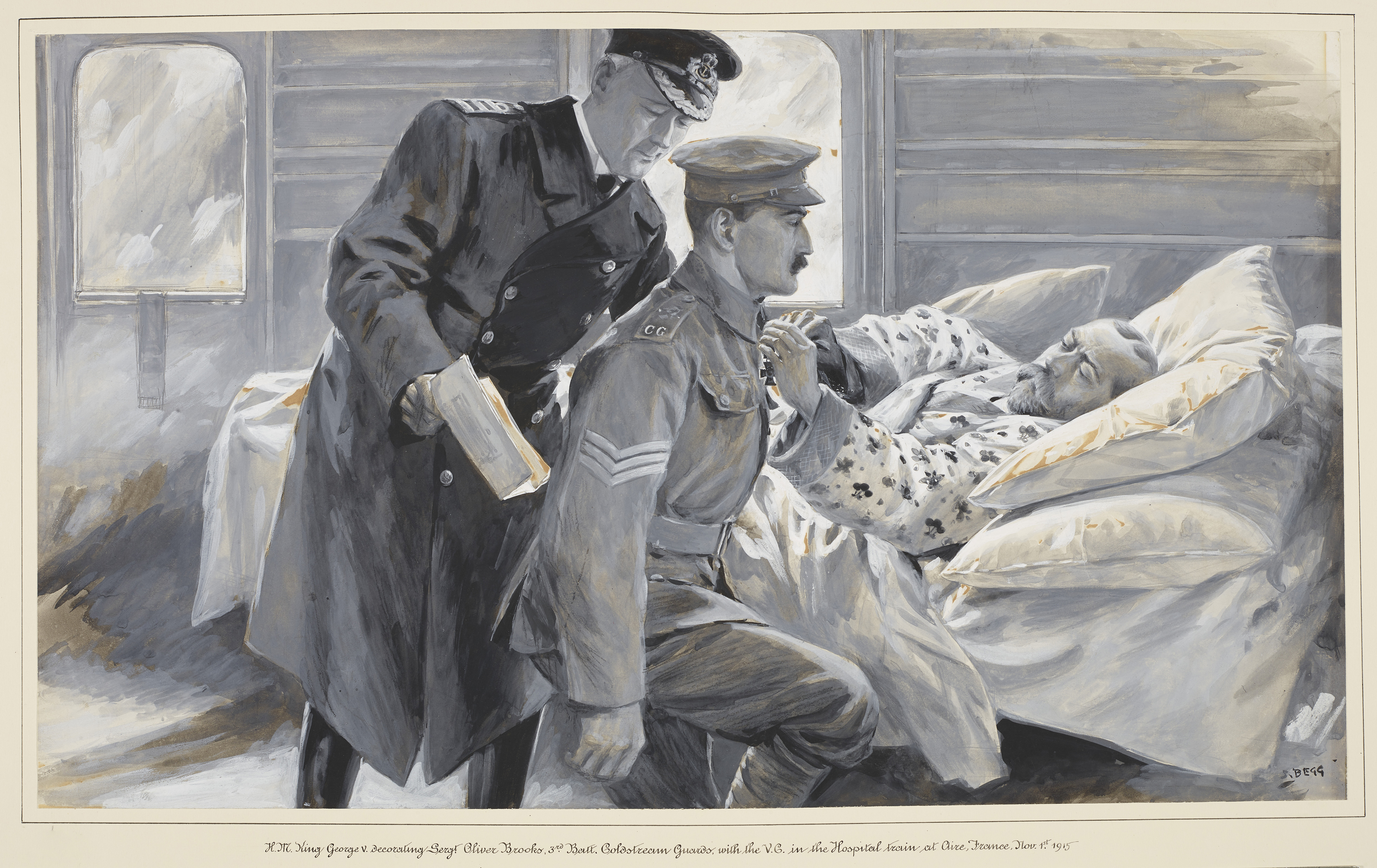 A drawing of King George V pinning the Victoria Cross medal to a soldier's chest.