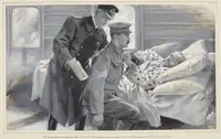 A drawing of King George V pinning the Victoria Cross medal to a soldier's chest.