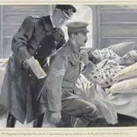 A drawing of King George V pinning the Victoria Cross medal to a soldier's chest.