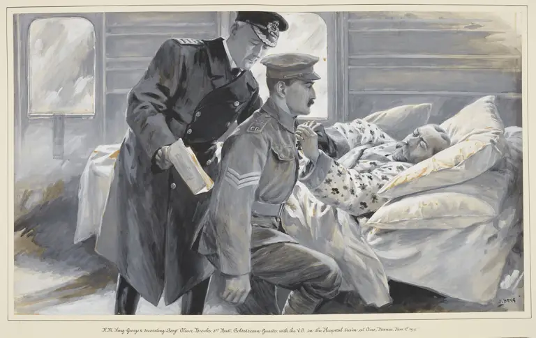 A drawing of King George V pinning the Victoria Cross medal to a soldier's chest.