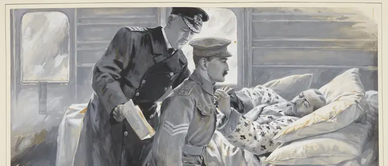 A drawing of King George V pinning the Victoria Cross medal to a soldier's chest.