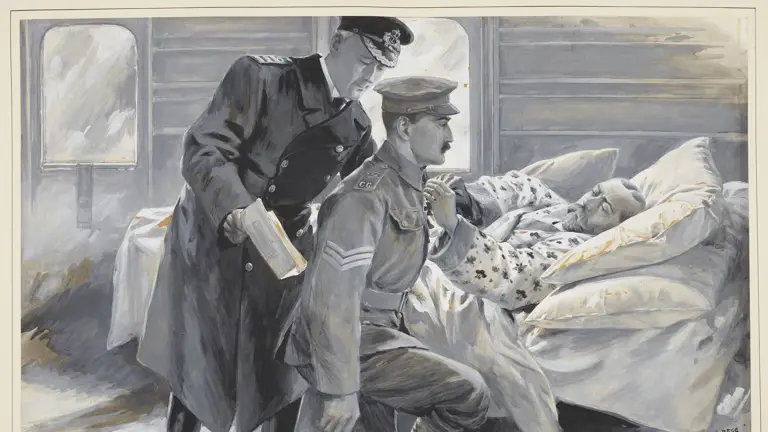 A drawing of King George V pinning the Victoria Cross medal to a soldier's chest.
