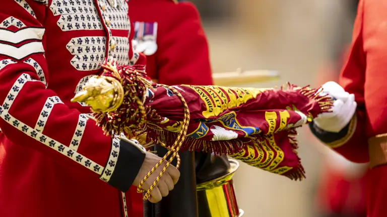 A close up of a ceremonial British Army flag.