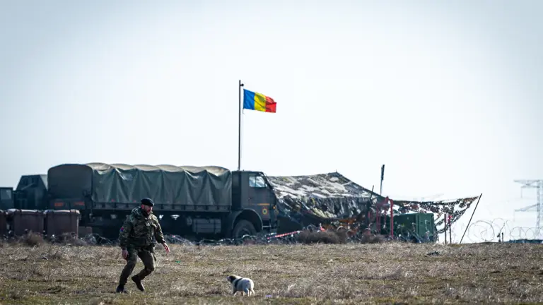 A soldier in uniform approaches a puppy in an open field, a vehicle with a Romanian flag is seen in the background.