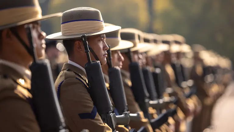 A line of of soldiers in brown ceremonial uniform are pictured with their weapons