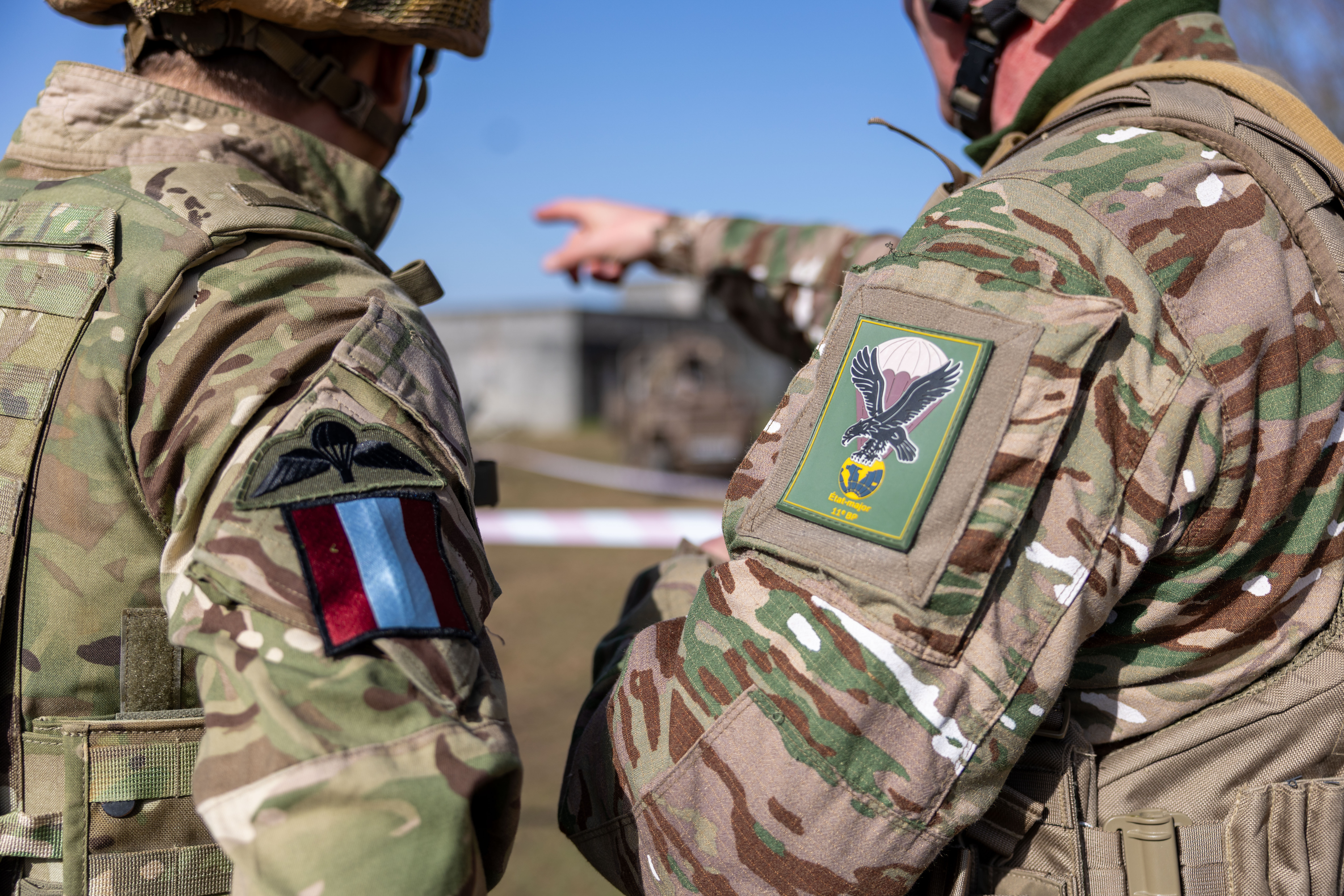 Two soldiers in camouflage uniforms with flashes on their sleeves, one pointing towards a distant structure.